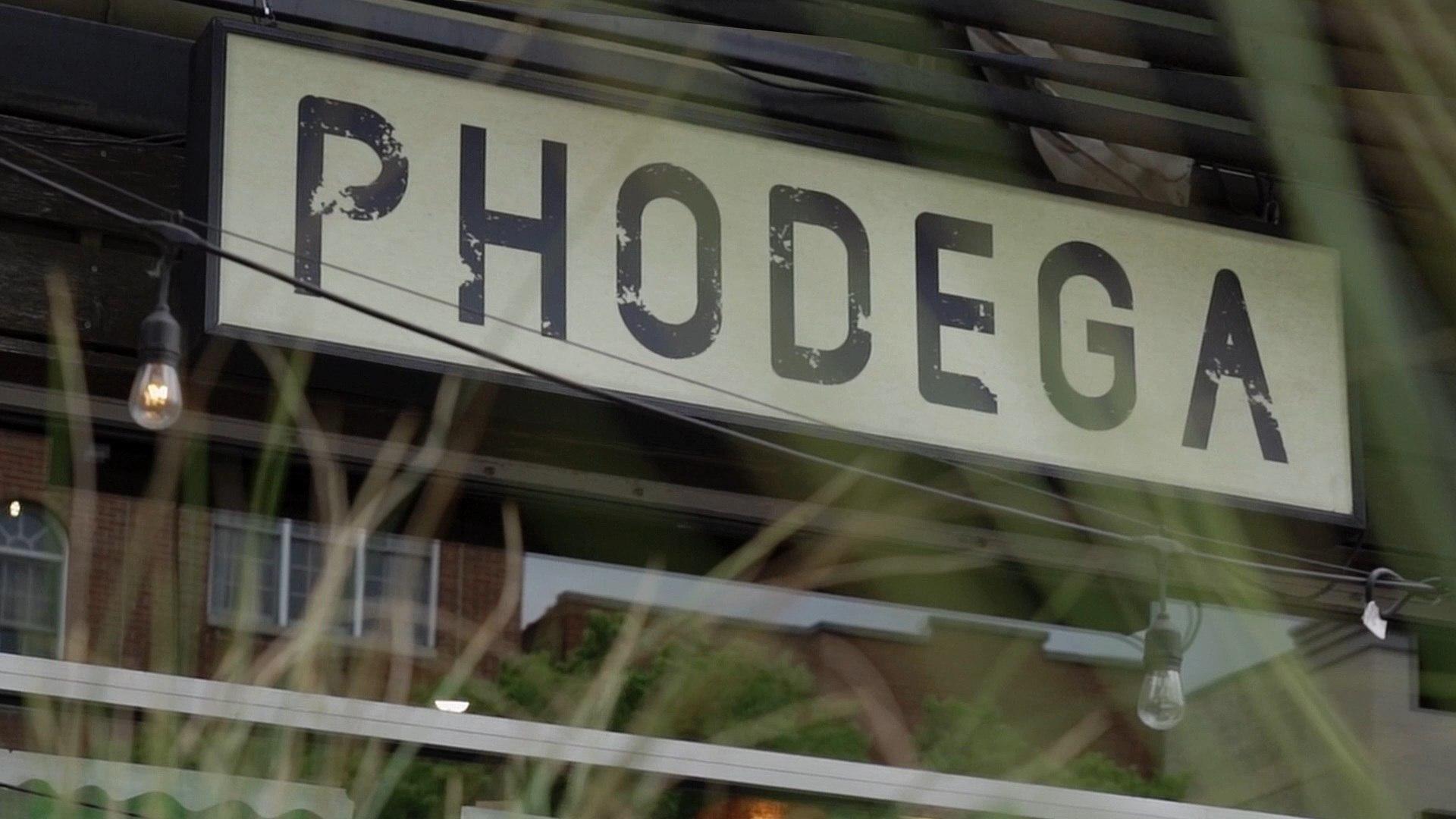 Rectangular restaurant sign reading "PHO DEGA" with hanging Edison bulbs